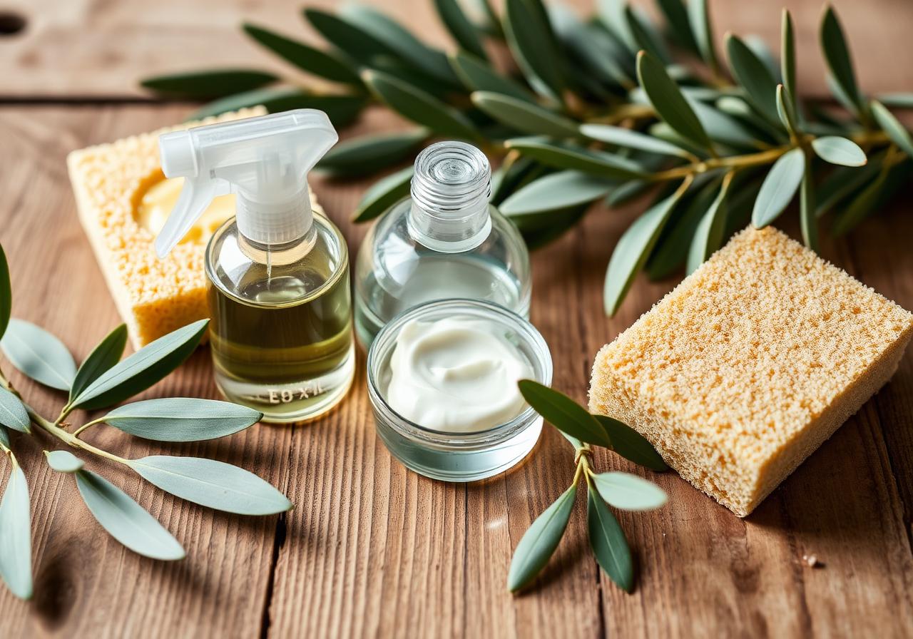 Eco-friendly cleaning supplies with olive leaves on a wooden surface