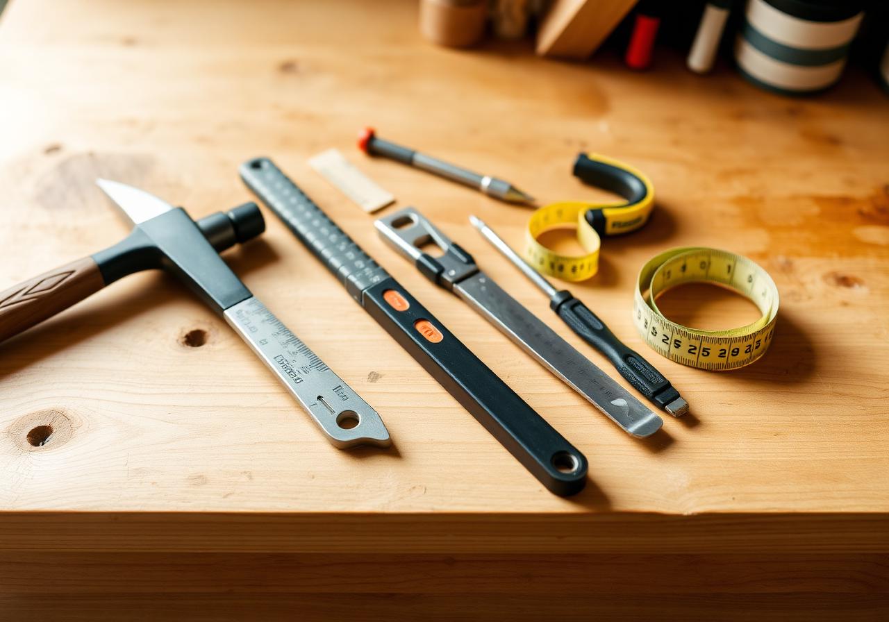 Home maintenance tools laid out on an oak workbench